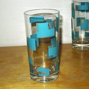 6 Highball Glasses Tumbler MCM Turquoise & Gold Vintage Federal Glass MIRA